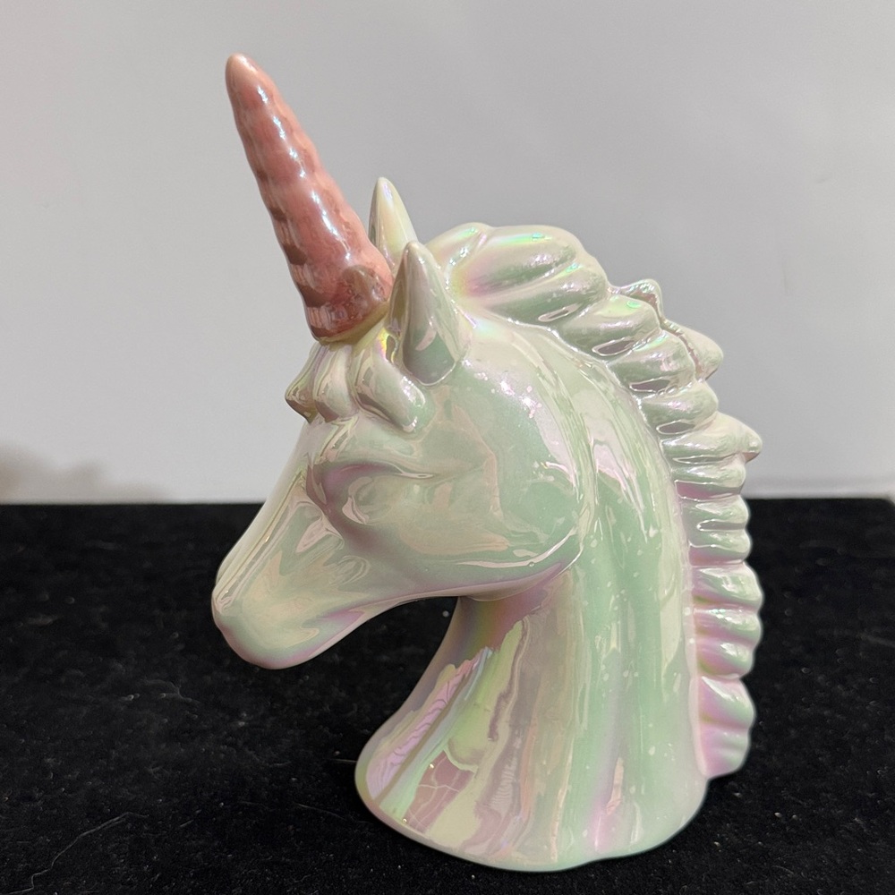 whimsical Iridescent Unicorn ceramic bank with a pink horn